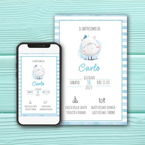 Baby BAPTISM invitation with cute hippopotamus | Digital invitation for baptism | Personalized baby baptism invitation