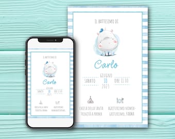 Baby BAPTISM invitation with cute hippopotamus | Digital invitation for baptism | Personalized baby baptism invitation