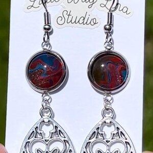 Ruby Cavern Dangle Earrings, Lotus Charm, Paint Pour Fluid Art Jewelry, Stainless Steel