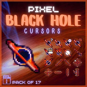 Peut inclure: Un pack de 17 curseurs de trou noir en pixel art. Les curseurs sont de styles variés, notamment un trou noir avec un anneau de feu, un trou noir avec un point d'interrogation et un trou noir avec une horloge. Les curseurs sont parfaits pour ajouter une touche unique et amusante à votre ordinateur.