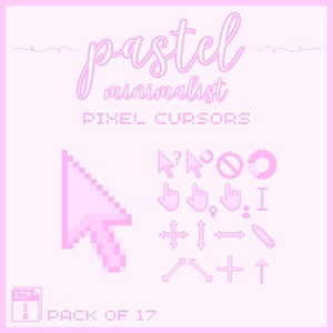 May include: A set of 17 pastel pink pixelated computer mouse cursors. The cursors include a standard arrow, a hand, a no entry sign, a loading circle, a pencil, and more. The text "pastel minimalist pixel cursors" and "pack of 17" are also included in the image.