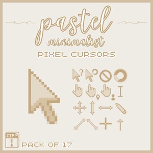 May include: A set of 17 pastel brown pixelated computer mouse cursors. The cursors include a standard arrow, a hand, a text cursor, a loading circle, a no entry sign, and various directional arrows. The text "pastel minimalist pixel cursors pack of 17" is at the top of the image.