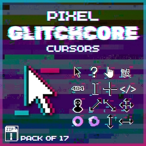 May include: A pack of 17 pixelated glitchcore cursors in a digital art style. The cursors are in various colors, including white, black, blue, pink, and green. The text "PIXEL GLITCHCORE CURSORS" is at the top of the image, and the text "PACK OF 17" is at the bottom of the image.