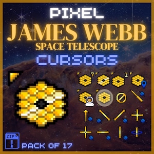 May include: A digital graphic featuring pixelated James Webb Space Telescope cursors. The image includes various cursor designs, such as arrows, a question mark, and a no-entry symbol, all in a space-themed background. The text reads "PIXEL JAMES WEBB SPACE TELESCOPE CURSORS PACK OF 17."