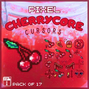 May include: A red and white graphic with the words "PIXEL CHERRYCORE CURSORS" and "PACK OF 17". The image features pixelated cherry icons, high heels, and other cursor designs.