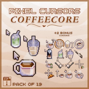 May include: A set of 19 pixel art cursors with a coffee theme, featuring coffee cups, iced drinks, and coffee machines. The text "PIXEL CURSORS COFFEECORE" is displayed at the top, with "+2 BONUS CURSORS!" and "PACK OF 19" also visible.