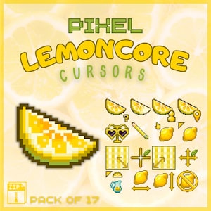 May include: A digital art graphic featuring pixelated lemon-themed computer cursors. The design includes a large pixelated lemon slice, various cursor icons, and the text "PIXEL LEMONCORE CURSORS". The image is set against a yellow background.