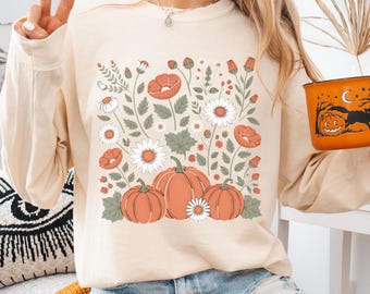 Pumpkin Comfort Colors® Long Sleeve,Fall long sleeve T-shirt,Pumpkin Shirts,Pumpkin lover gift,Floral Fall Top,Fall shirt gift,Gift for Fall