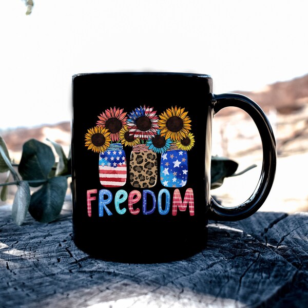 Freedom 11oz Black Ceramic Coffee Mug 4th of july Mug Independence day latte Cup Forth of july gift Flag Mug American Mug Sunflower Mug