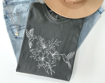 Comfort Colors® Hummingbirds T-shirt,Hummingbird Shirt,Nature Lovers Tee,Bird Lover Shirt,Gift for Bird Lover,Floral Bird Shirt,Hummingbirds