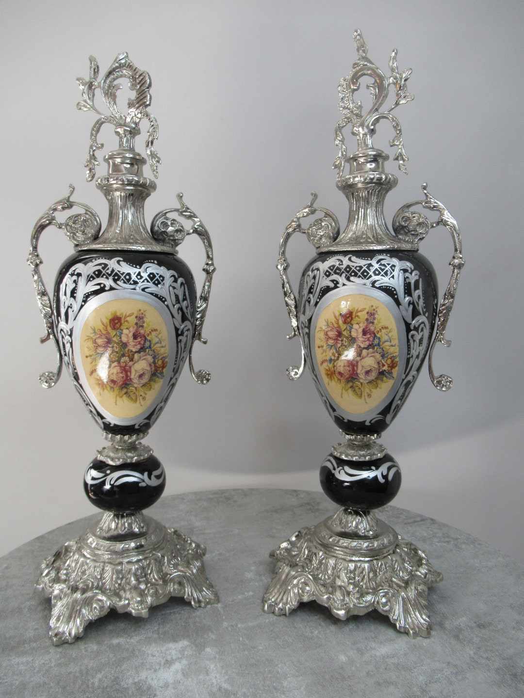 Black and Silver Vase Pair Vintage Style Home Decor Vases for Flowers