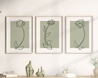 Salbeigrüne Wandkunst, Botanische Linie Kunst, 3er-Set Drucke, Minimalistisch Moderne Neutrale Schlafzimmer Wohnzimmer Wanddekor, druckbare Kunst