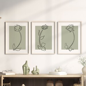 Sage Green Wall Art Prints, Botanical Line Art, Set of 3 Prints, Minimalist Modern Neutral Bedroom Living Room Wall Decor, Printable Art