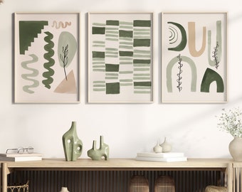 Impresiones de arte de pared verde salvia, conjunto de formas abstractas de 3 impresiones, impresiones de acuarela, verde, decoración moderna de la pared de la sala de estar del dormitorio, arte imprimible