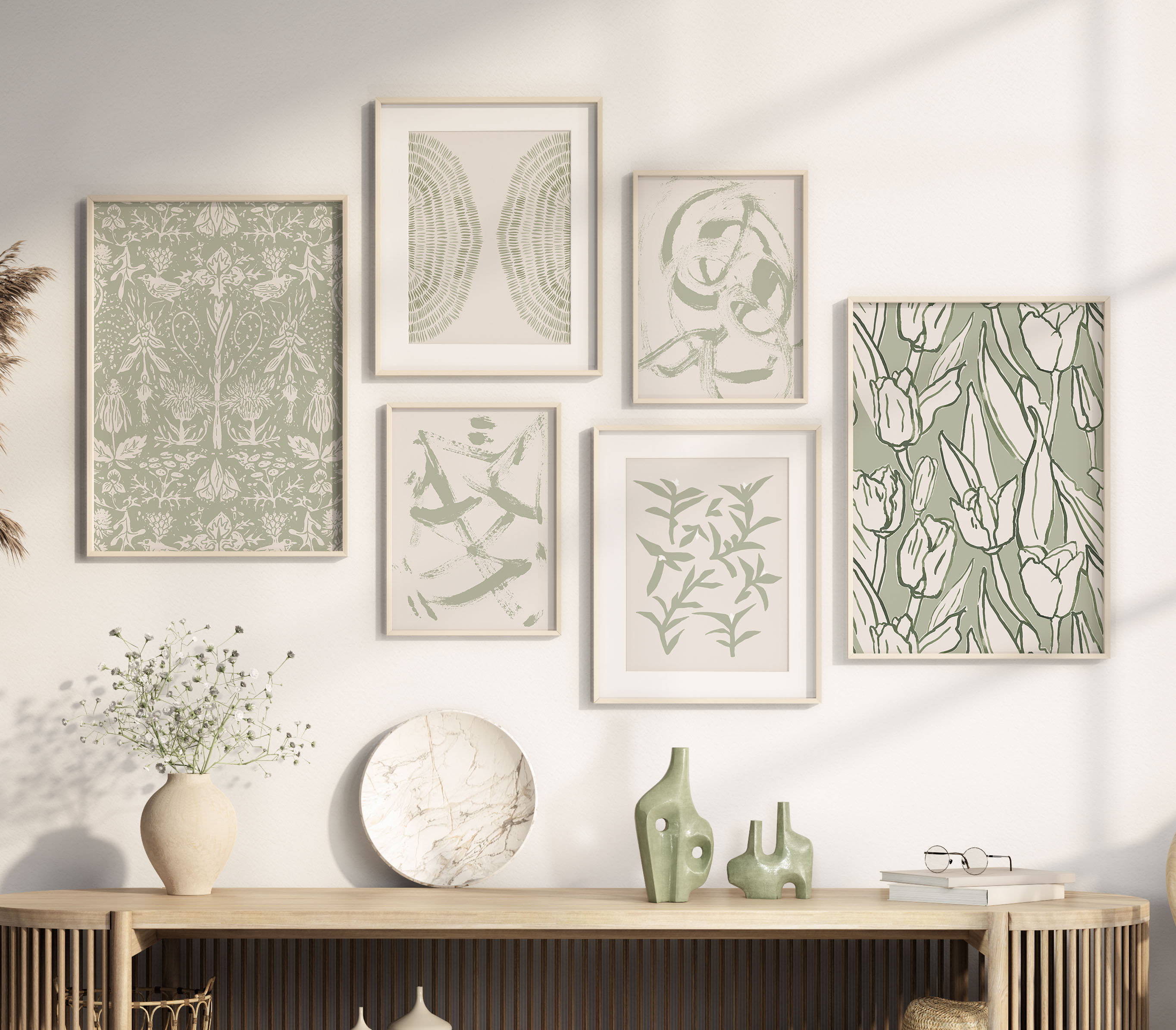Sage Green Wall Art Prints, Nature Set of 6 Prints, Zen Wall Art