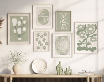 Sage Green Floral Wall Art Prints, Botanical and Abstract Set of 6 (Digital Download)