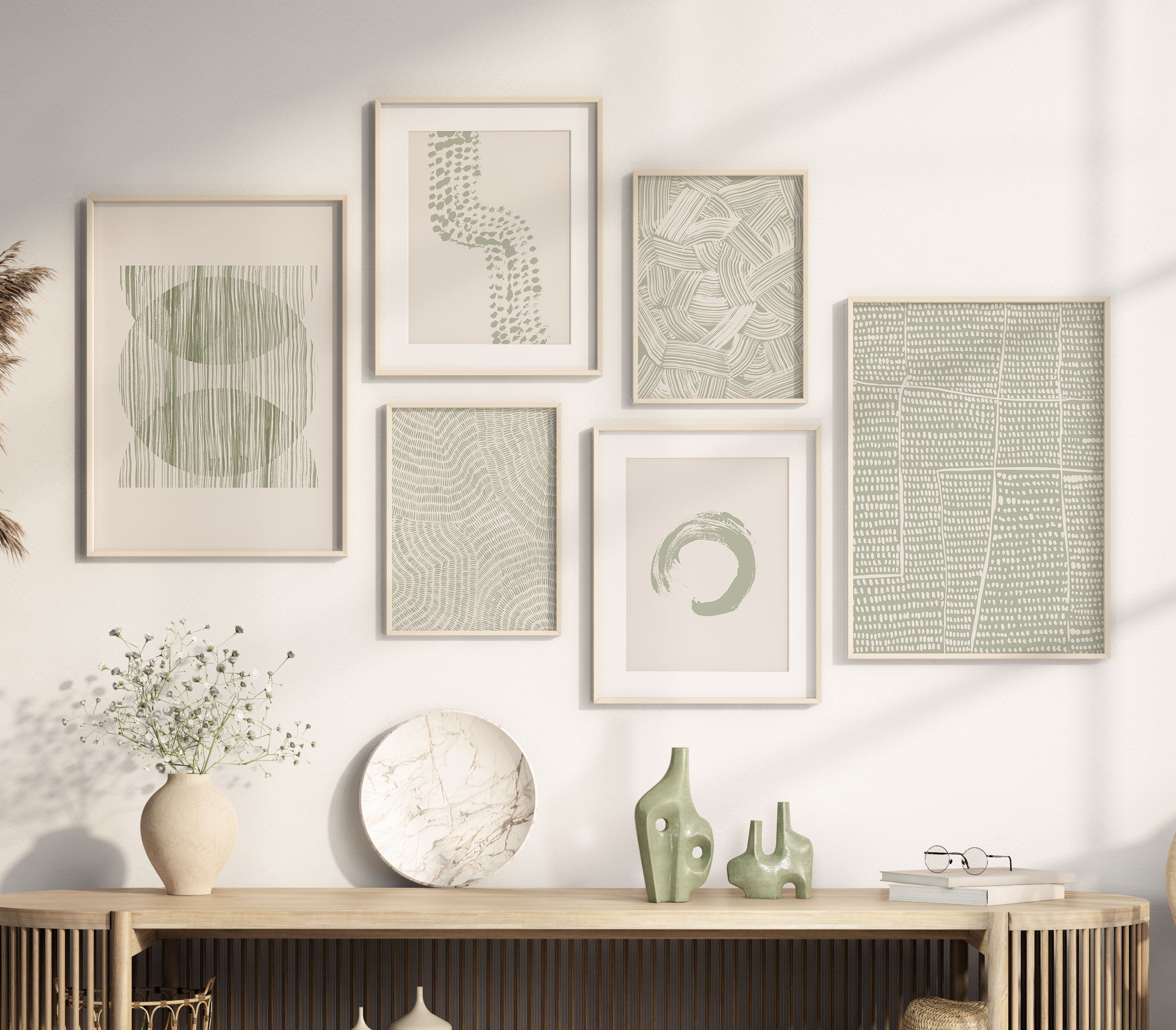 Sage Green Zen Wall Art Prints, Abstract Nature Set of 6 Prints