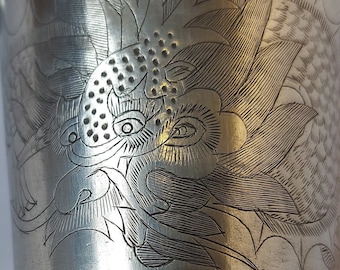 Hui Kee Swatow Pewter Cocktail Shaker with Dragon Engraving. C 1920.