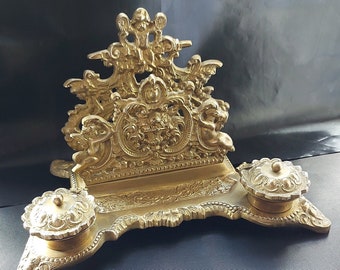 Baroque Rococo Cast Brass Desk Stand, Centrepiece, with Large Letter Rack Featuring Cherubs; Pair of Inkwells (or storage pots), & Pen Rest.