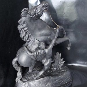 After Guillaume Coustou, Iron Pair of Marley Horses & Groom Statues - 43cm Tall.