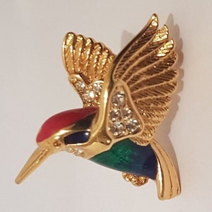 Attwood & Sawyer 1960S Vintage Tropical Hummingbird Brooch, 22ct Gold plate, Enamel and Swarovski Crystals