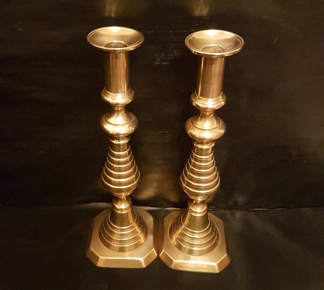 Victorian Pair of Cast Brass Pushup Candlesticks With Beehive & Column