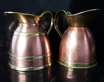 Pair of Georgian Reproduction Copper and Brass Jugs; One 13.5cm High, The Other By Peerage 13cm High - Circa 1910.