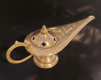 Cast Chased Brass Genie Oil Lamp, Night Light, or Incense Burner - 18cm Long.