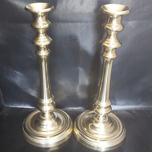 Victorian Matched Pair Of Large Cast Brass Candlesticks With Tulip Sconces - 28.5cm High.