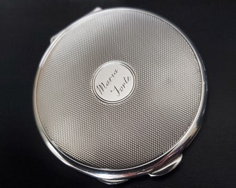 William Neale & Sons 1961 Birmingham Hallmarked Sterling Silver Art Deco Machined Compact, Cartouche Inscribed "Maria Forte."