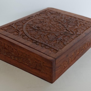 Hand Carved Floral Slanting Teak Box - 24.2cm Wide.