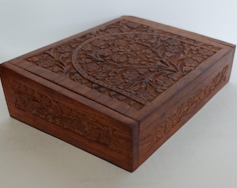 Hand Carved Floral Slanting Teak Box - 24.2cm Wide.