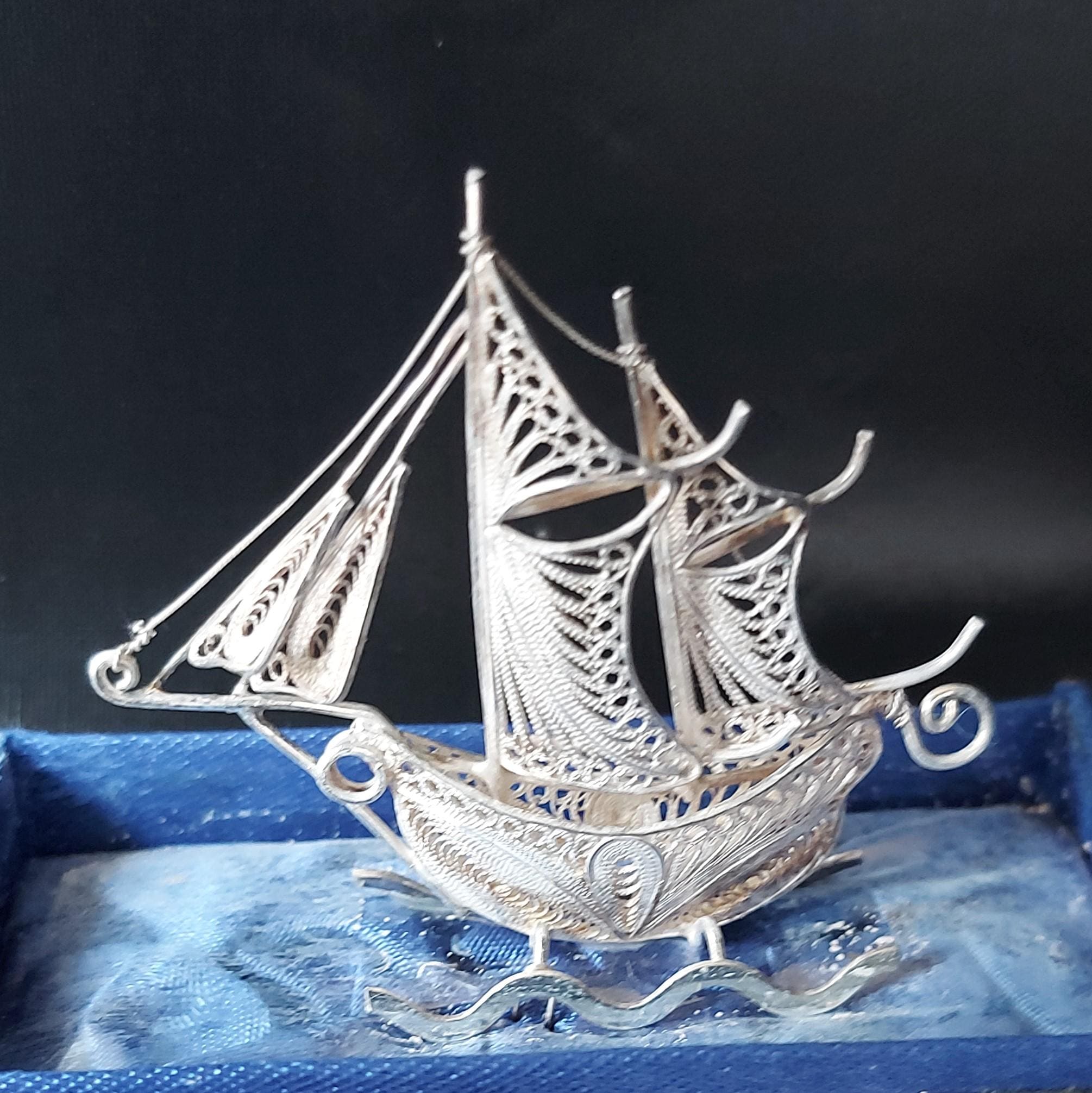 Finely Worked Sterling Silver Filigree Sailing Ship.