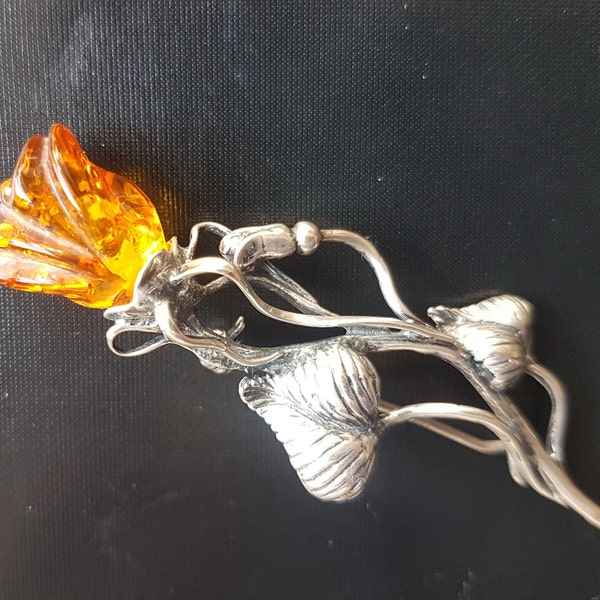 RARE FIND: Baltic Amber Sterling Silver Rose Bud Brooch Pin, Beautiful Piece of Vintage Silver & Carved Amber, Fine Craftmanship