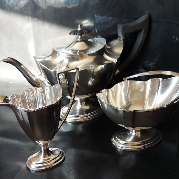 Mappin & Webb W14430 Princes Plate Triple Deposit Three Piece Empire Style Silver Plated Tea Set, Dated 1885.