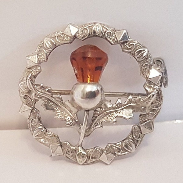 Ward Brothers, Glasgow, Stirling Silver Thistle Brooch with Amber Coloured Flower