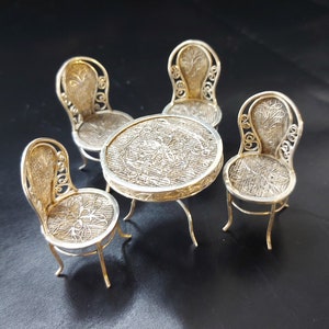 Dolls House Filigree Silver Table & Chair Set