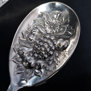 May include: A silver-toned metal spoon featuring an intricate embossed design on the bowl. The relief pattern depicts a central cluster of grapes surrounded by detailed leaves, flowers, and small rounded fruits, creating a textured surface.