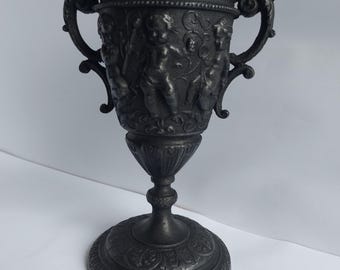 Victorian Neoclassical Cast Iron Urn / Chalice With Cherub & Scroll Decoration - 23cm High.