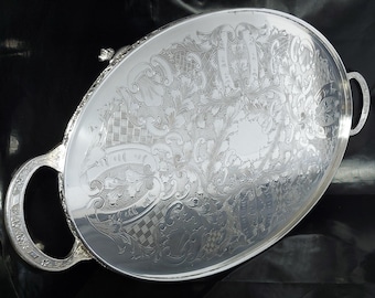 Viners Made In Sheffield Silver Plated Chased Gallery Tray With Finely Engraved Border and Handles - 53cm Long.