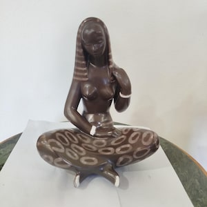 Può includere: Una statuetta in ceramica marrone scuro raffigurante una figura seduta con capelli lunghi, che indossa un indumento decorato con un motivo ripetitivo di cerchi chiari. La figura presenta accenti bianchi sui polsi e sui piedi e righe sui capelli.