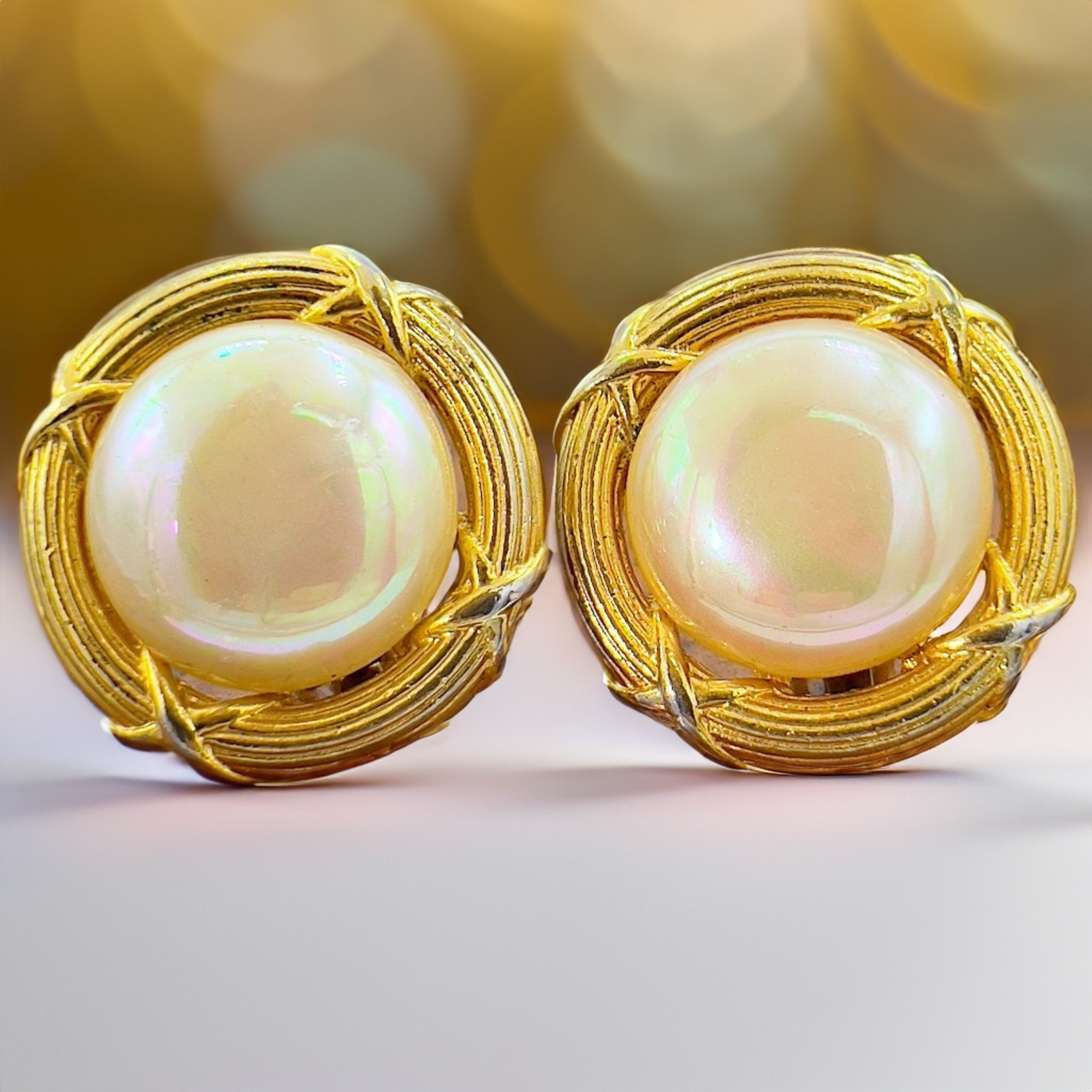 Chanel Gold Round Pearl Chain Earrings