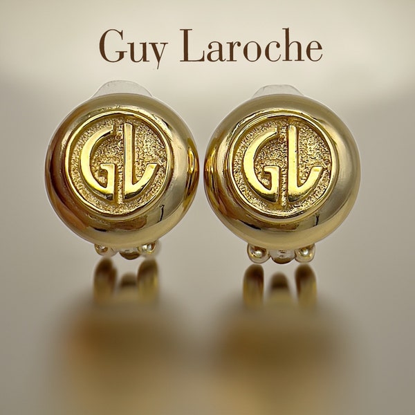 Boucles d’oreilles clips vintage Guy Laroche - Logo GL en laiton métal doré Bijoux de haute couture française des années 70-80