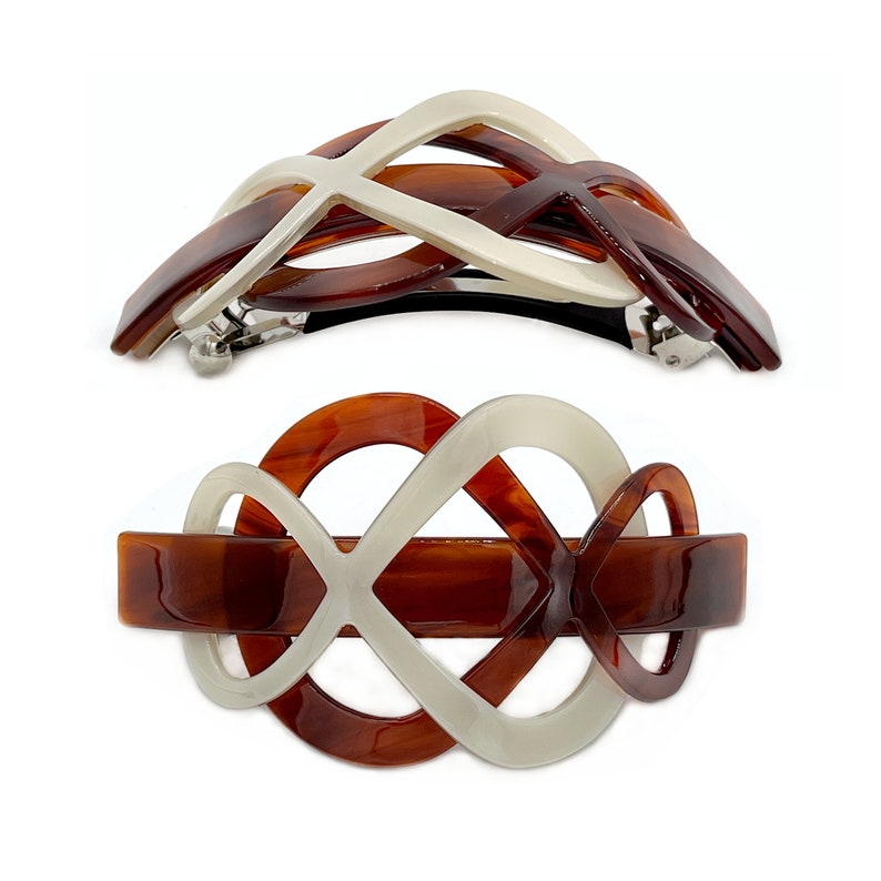 Stylish Infinity Symbol Hair Clip in Brown and Light Gray Eco-Friendly Cellulose Acetate Barrette with Removable Metal Tab image 2