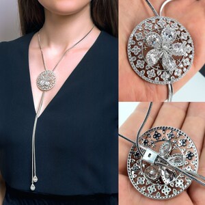 Circle Pendant Necklace with Floral Cut-Out and Crystals Adjustable Length Hypoallergenic Stainless Steel image 3