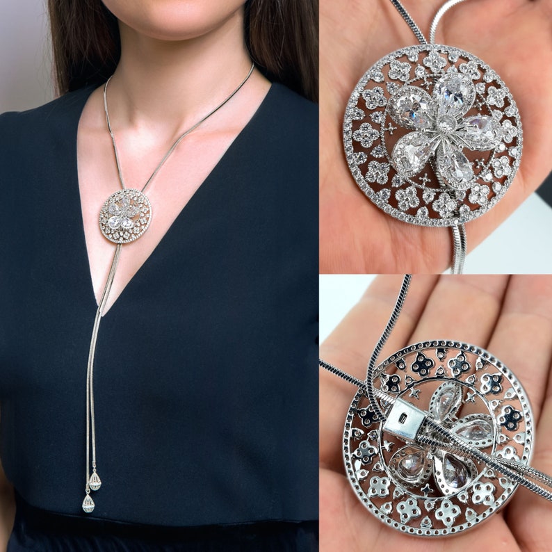 Circle Pendant Necklace with Floral Cut-Out and Crystals Adjustable Length Hypoallergenic Stainless Steel image 3