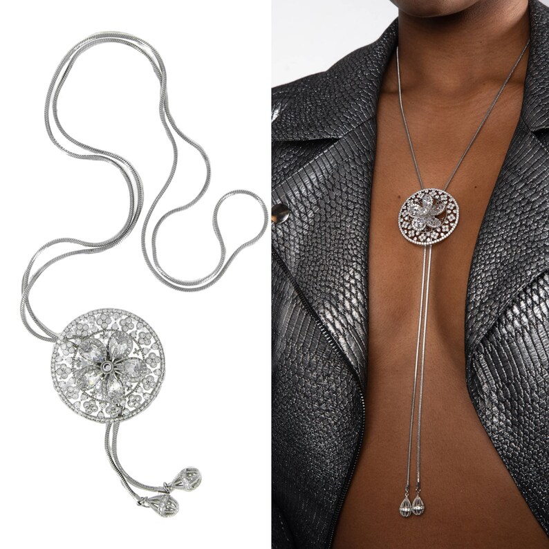 Circle Pendant Necklace with Floral Cut-Out and Crystals Adjustable Length Hypoallergenic Stainless Steel image 5