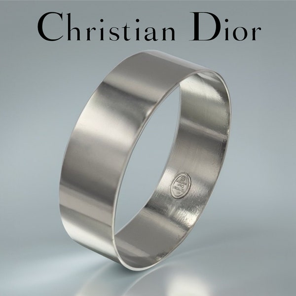 Bracelet rigide Christian Dior signé en métal nickelé argenté - Bijou de luxe authentique 6,5x2cm - simple et raffiné Cadeau idéal