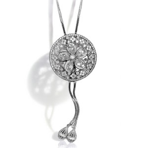Circle Pendant Necklace with Floral Cut-Out and Crystals Adjustable Length Hypoallergenic Stainless Steel image 1