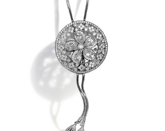 Circle Pendant Necklace with Floral Cut-Out and Crystals - Adjustable Length - Hypoallergenic Stainless Steel